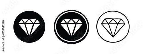 Diamond icon set in circular frames, representing luxury, jewel, or premium quality in various styles.