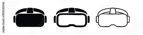 Virtual reality headset icon set, representing VR glasses, metaverse, or future technology in various styles.