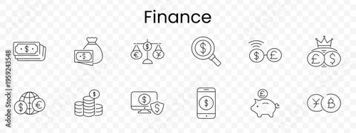 Finance set icon. Banknote, moneybag, balance, search, contactless, crown, globe, coins, desktop, smartphone, piggybank, crypto, economy, analytics, wealth