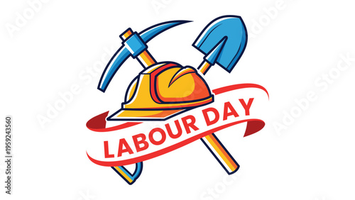 Labour Day Vector Graphic, Featuring Yellow Hard Hat with Crossed Pickaxe and Shovel Tools for International Workers Day Celebration Banner