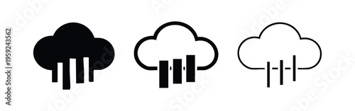 Cloud computing icon set with data bars, representing cloud storage or data services in various styles.