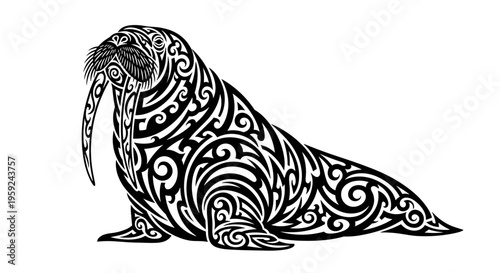 Tattooed walrus sitting isolated white.