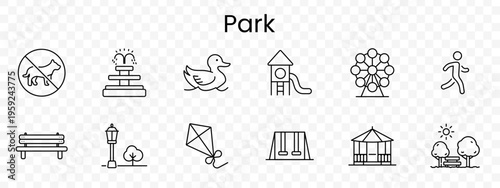 Park set icon. Nopets, fountain, duck, playground, ferriswheel, runner, bench, streetlamp, kite, swing, gazebo, trees, recreation, outdoor, leisure, city