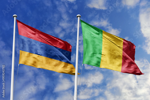 Cuadro en lienzo Armenia and Mali flags waving in a clear blue sky, symbolizing a powerful diplomacy, expanding global trade, a strategic partnership, and a shared vision of unity for a sustainable future