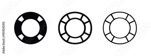 Lifebuoy icon set, water safety lifesaver symbol in various styles: filled, bold outline, and thin outline.