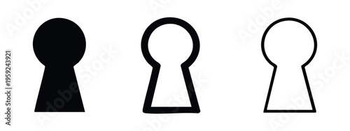 Keyhole icon set, security access symbol in various styles: filled, bold outline, and thin outline.