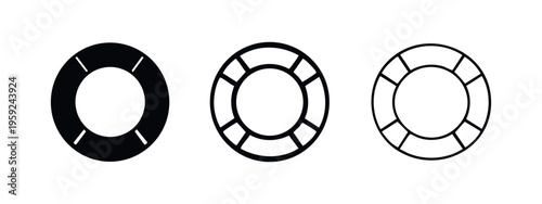 Lifebuoy icon set, water safety lifesaver symbol in various styles: filled, bold outline, and thin outline.