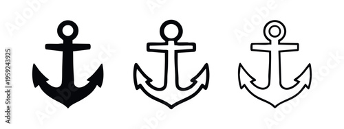 Anchor icon set, nautical marine symbol in various styles: filled, bold outline, and thin outline.