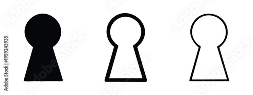 Keyhole icon set, security access symbol in various styles: filled, bold outline, and thin outline.