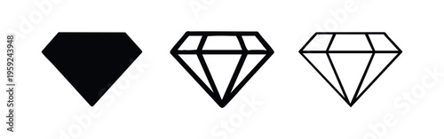 Diamond icon set, gemstone jewelry symbol in various styles: filled, bold outline, and thin outline.