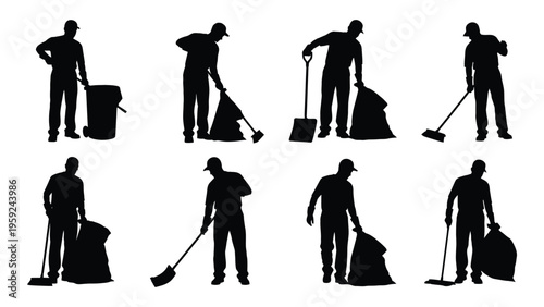 Silhouette of a janitor in various cleaning positions with tools