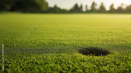 divot. A fresh divot of turf on a green golf fairway with the grass chunk beside it. travel magazines, destination branding, designed for outdoor magazines and nature guides.