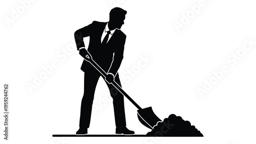 Businessman in a suit shoveling a pile of dirt or snow