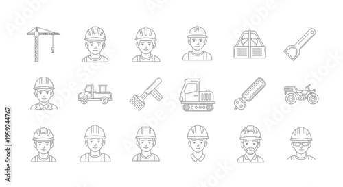 Group of Construction Workers and Heavy Equipment on Construction Site