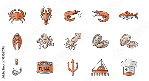 High-Quality Collection of Marine Animals and Seafood Icons for Digital Design
