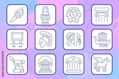 Fashion clothing set icon. Outline tiles, t shirt, blazer jacket, necktie, jeans, handbag, knit hat, dress, high heel, skirt, lingerie set, fedora hat, hoodie sweatshirt.