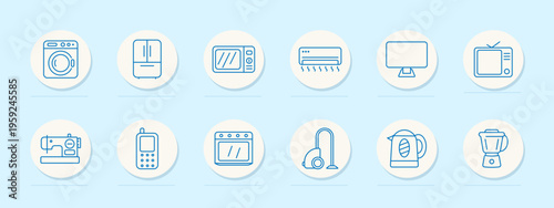 Home electronics set icon. Blue outline badges with washing machine, refrigerator, microwave, air conditioner, monitor, television, sewing machine, cellphone, oven, vacuum, kettle, blender