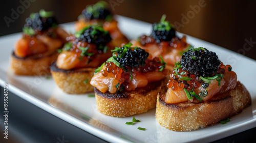 Delightful caviar and salmon bruschetta served on toasted bread at a charming evening gathering Generative AI
