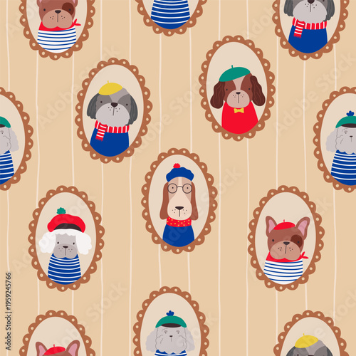 Seamless pattern with cute dogs in vintage portrait frames. Playful characters in stylish outfits create a charming, whimsical design perfect for kids products, textiles, wallpapers, creative projects