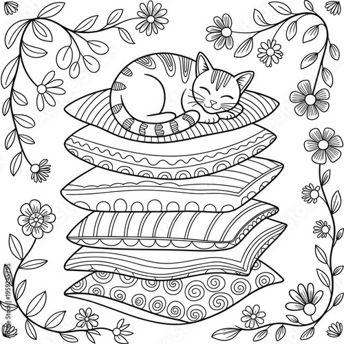 A cute little kitten sleeping peacefully on a stack of patterned decorative pillows