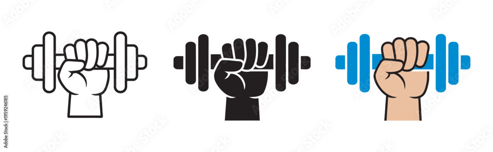 Fototapeta premium Strength training icon, clenched fist holding dumbbell, fitness workout symbol, gym bodybuilding sign, powerlifting endurance pictogram, vector illustration