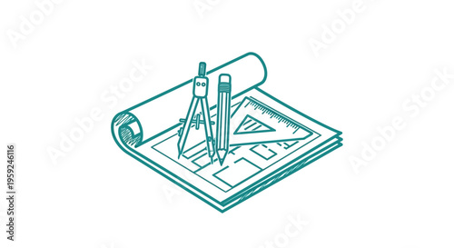 Drafting tools on blueprint paper.