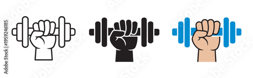 Strength training icon, clenched fist holding dumbbell, fitness workout symbol, gym bodybuilding sign, powerlifting endurance pictogram, vector illustration