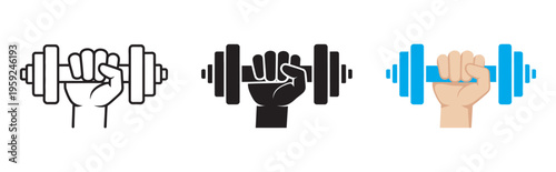 Strength training icon, clenched fist holding dumbbell, fitness workout symbol, gym bodybuilding sign, powerlifting endurance pictogram, vector illustration