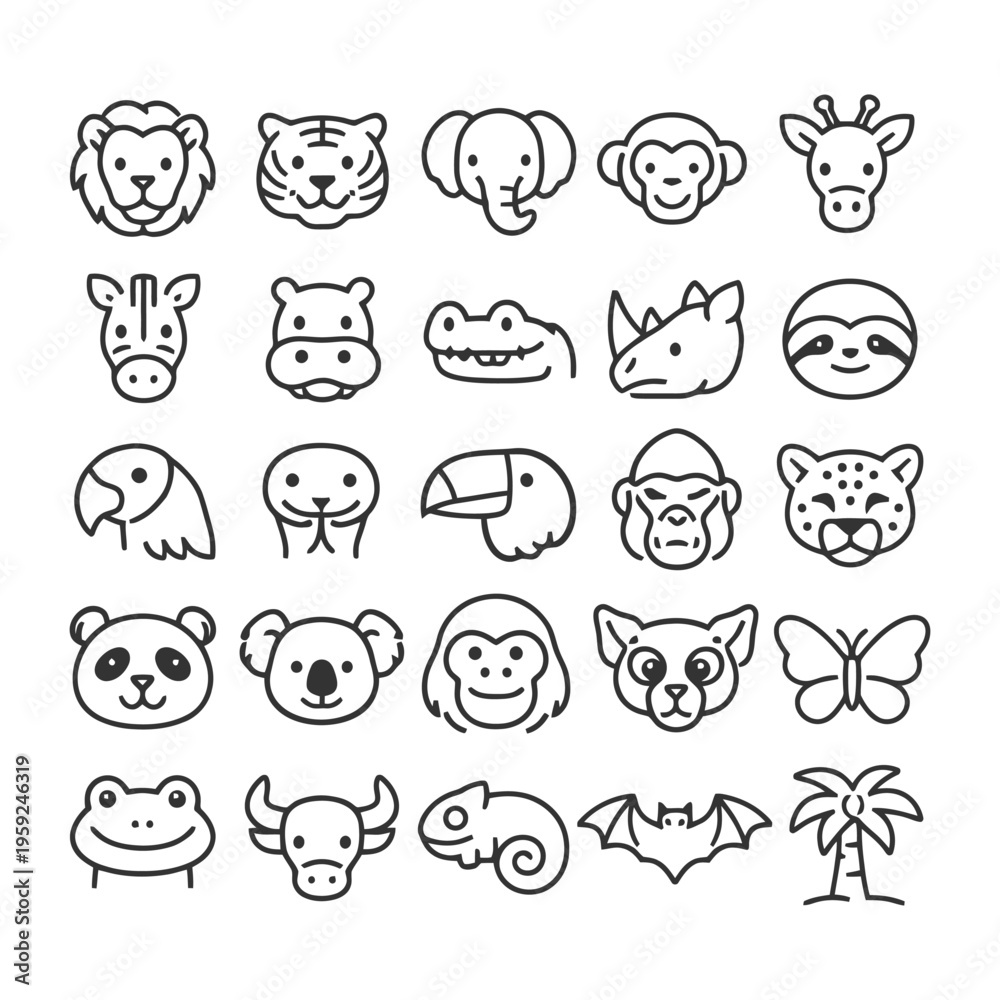 Obraz premium Cute animal icons set including mammals, birds, reptiles, and insects.