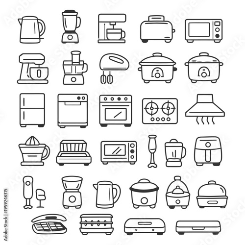 Set of outline kitchen appliances icons including blender toaster and microwave.