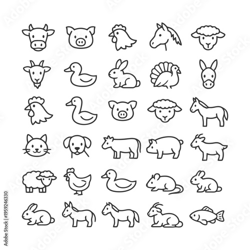Collection of farm animal icons featuring various livestock.