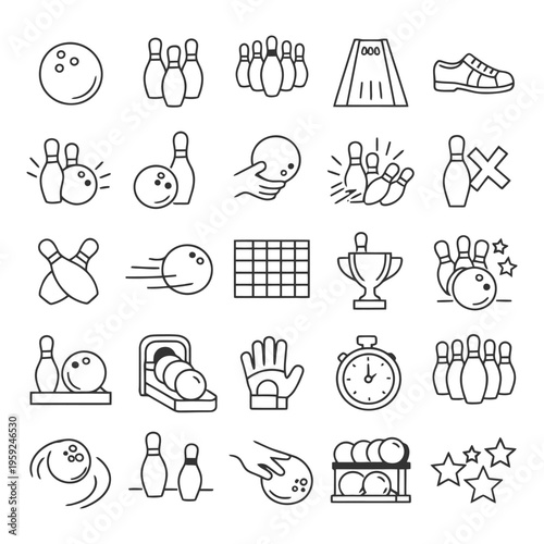 Bowling icons set featuring pins, balls, lanes, shoes, and trophies.