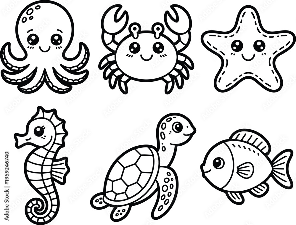 Fototapeta premium A set of cute hand drawn sea animals isolated on white background