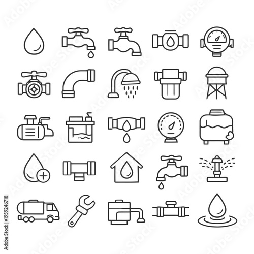 Water supply and plumbing icons set: faucets, pipes, meters, tanks, drops.