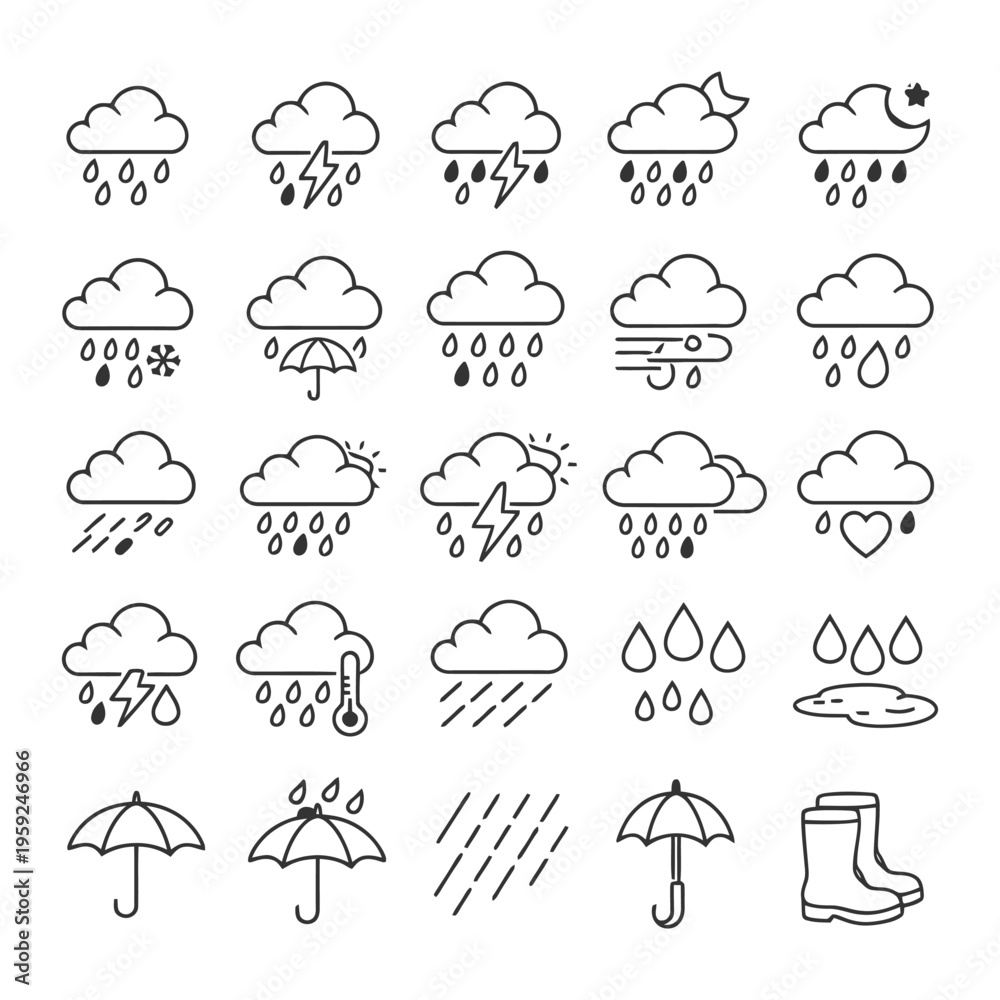 Obraz premium Weather icon set with clouds, rain, umbrellas, and boots illustrating various conditions.