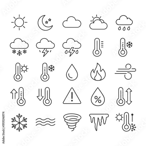 Simple weather icons set including sun, cloud, rain, snow, and temperature symbols.