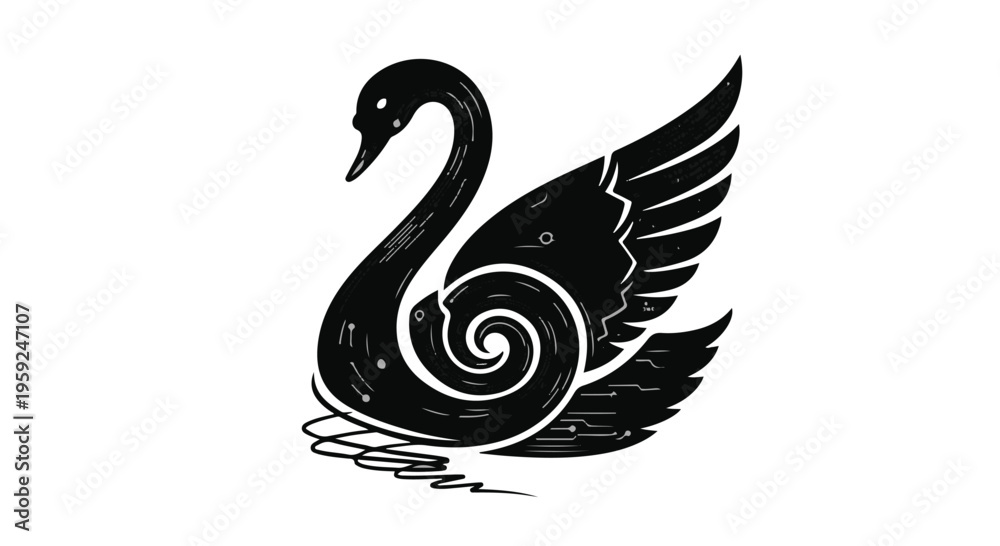 Fototapeta premium Elegant black swan with stylized swirling wings on white background