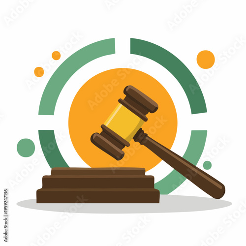 Gavel rests on a brown block in front of a green and orange circular graph.
