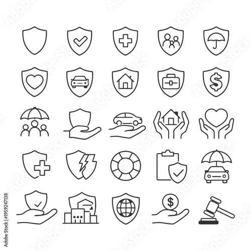 Insurance icons set including health, car, home, and legal protection symbols.