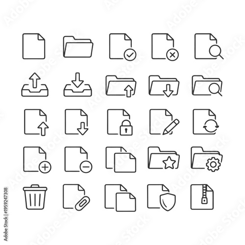 Collection of 25 file and folder line icons for digital organization.