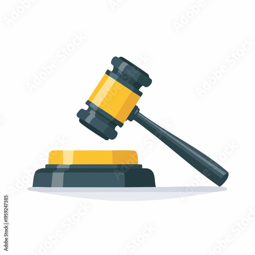 A judge bangs a large yellow gavel on a sound block in a courtroom.