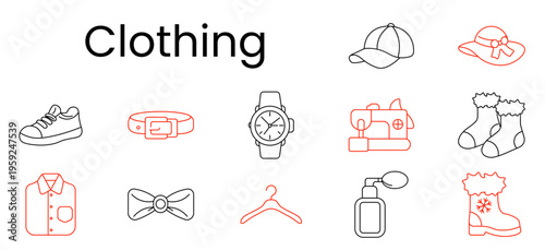 Clothing set icon. Outline pictograms, sneaker, belt buckle, wristwatch, sewing machine, sock pair, button shirt, bowtie, hanger, pump bottle, winter boot snowflake, baseball cap, brim hat.