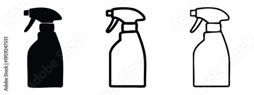 Spray bottle icon set. Cleaning, gardening, and disinfectant sprayer vector illustration in solid and outline styles.