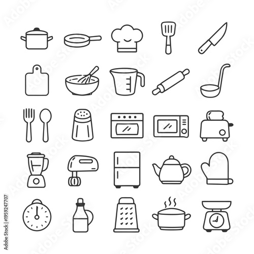 Kitchen utensils and appliances icons set in black and white.