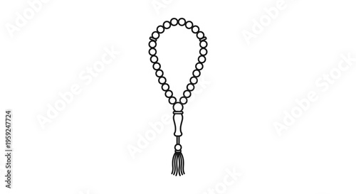 Islamic Prayer Beads Rosary Tasbih with Tassel, Black and White Line Art Icon