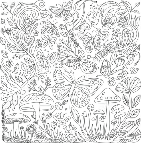 Intricate coloring page featuring various butterflies and mushrooms in a whimsical floral garden setting