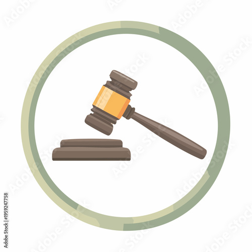 A gavel rests on a block within a circle.