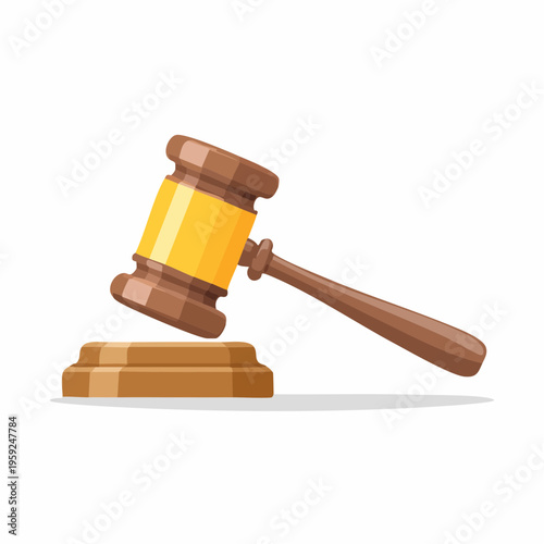 A judge bangs a large yellow gavel on a brown block with force.