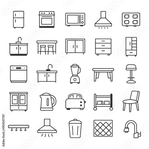 Collection of kitchen appliances and furniture icons in black and white.