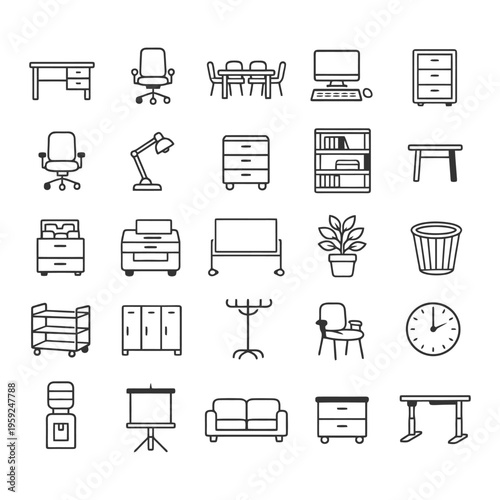 Office furniture icons: desk, chair, computer, storage, plant, clock, couch, lamp.